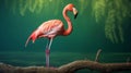 Photographic Style Pink Flamingo On Wood Branch In Green Forest