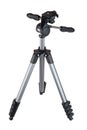 Photographic videographic tripod, metal, with adjustable height, adjustable tripod head in three planes, isolated on a white backg