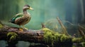 Photographic Wildlife Wallpaper: Duck Perched On Old Log In Spring Forest