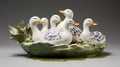 Photographically Detailed Ceramic Duck Family In Playful Pond Installation Royalty Free Stock Photo