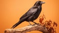 Photographically Detailed Portrait Of A Black Crow On Orange Background