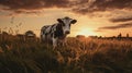 Photographically Detailed Portrait Of A Cow Grazing At Sunset