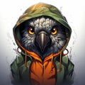 Neo-pop Eagle: A Hooded Avian With Intense Orange Eyes
