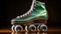 Photographically Detailed Portraitures Of Green Roller Skates On Wooden Skate Track Royalty Free Stock Photo