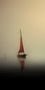 Photographically Detailed Red Sail Boat In Hazy Romantic Dutch Landscape