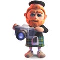 Photographically minded cartoon Scots man with a camera, 3d illustration