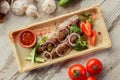 Photographing food flat lay Caucasian cuisine. Delicious Georgian dish on the table. Royalty Free Stock Photo