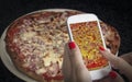 Hands Of Girl With Smartphone Taking Picture Of Delicious Pizza