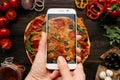 Photographing Food. Hands Taking Picture Of Delisious Pizza With Smartphone