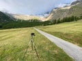 Photographing 4K peaks in Saas-Fee behind the melting Fee Glacier at sunrise Royalty Free Stock Photo