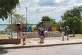 Photographing tourists in front of the colored lettering bacalar, quintana roo, mexico