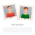 Photographs of a woman before and after hair treatment