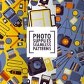 Photography accessory icons on seamless pattern, vector illustration. Photo equipment store, professional supply shop