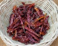 a photography of a basket of dried chilis on a table, shopping basket of dried chilis on a wooden table