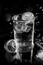 Refreshing drink with a lemon wedge in a glass and drops splashing. Photography in black and white Royalty Free Stock Photo
