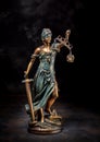 Photography of bronze themis sculpture, femida or justice goddess on dark background