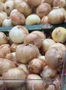 a photography of a bunch of onions in a bin at a market, grocery store display of onions and onions in bins for sale Royalty Free Stock Photo