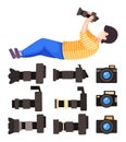 Photography cameras set removable lens and flash light zoom equipment, photographer holding camera