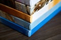 Photography canvas prints. Stacked colorful photos with gallery wrapping method of canvas stretching on stretcher bar Royalty Free Stock Photo