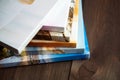 Photography canvas prints. Stacked colorful photos with gallery wrapping method of canvas stretching on stretcher bar