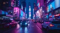 Vibrant City Life in Neon Glow./n