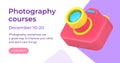 Photography courses advertising landing page with professional photo camera 3d icon web landing page