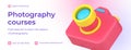 Photography courses camera shooting education internet social media banner 3d icon vector