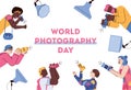 Photography Day banner or poster with photographers flat vector illustration.