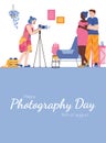 Photography day card or poster with photographer cartoon vector illustration. Royalty Free Stock Photo