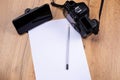 Photography e-learning. Studying vintage camera, online course. White empty space sheet and ultimate gray pencil on Royalty Free Stock Photo