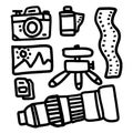 Photography equipment flat cartoon icons. Digital or film camera, accessories, memory card, tripod lens. Vector illustration,