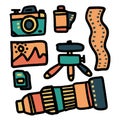 Photography equipment flat cartoon icons. Digital or film camera, accessories, memory card, tripod lens. Vector illustration, Royalty Free Stock Photo