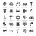 Photography equipment flat glyph icons. Digital camera, lighting, video cameras, accessories, memory card. Vector Royalty Free Stock Photo