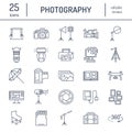 Photography equipment flat line icons. Digital camera, photos, lighting, video cameras, photo accessories, memory card Royalty Free Stock Photo