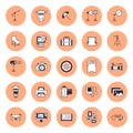 Photography equipment flat line icons. Digital camera, photos, lighting, video photo accessories, memory card, tripod Royalty Free Stock Photo