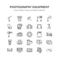 Photography equipment flat line icons. Digital camera, photos, lighting, video photo accessories, memory card, tripod