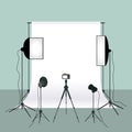 Photography equipment flat vector illustration, white background for taking picture. Photo studio white blank background with Royalty Free Stock Photo