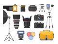 Photography equipment flat vector illustrations set. Different camera lenses. Professional photo studio accessories