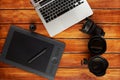 Photography equipment on wooden table