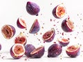 photography of FIGS falling from the sky, hyperpop colour scheme. glossy, white background Fig collection. Fig isolated Royalty Free Stock Photo