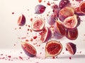 photography of FIGS falling from the sky, hyperpop colour scheme. glossy, white background Fig collection. Fig isolated Royalty Free Stock Photo