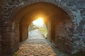 Gate to the historical middle age castle with sunset in the background - stony archway of Kuneticka mountain (Pardubice)