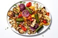 photography of Grilled Veggies, Cauliflower, paprika, zucchini, eggplant and Sautaed Onions on a rund plate ai created