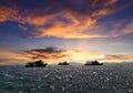 a photography of a group of boats floating in the ocean, there are three boats that are out in the ocean at sunset Royalty Free Stock Photo