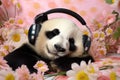 photography of a happy and relaxed big Panda with closed Eyes wearing Headphones, AI Generative