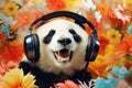 photography of a happy and relaxed big Panda with closed Eyes wearing Headphones, AI Generative