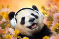 photography of a happy and relaxed big Panda with closed Eyes wearing Headphones, AI Generative