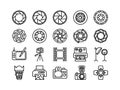 Photography icons. Vintage photo camera lens. Optical diaphragm aperture zoom. Photographic shutter device. Silhouette Royalty Free Stock Photo