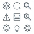 Photography line icons. linear set. quality vector line set such as brightness, light, settings, add, film reel, flip, zoom out,