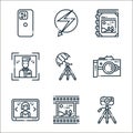 photography line icons. linear set. quality vector line set such as camera tripod, film tape, digital picture frame, camera,